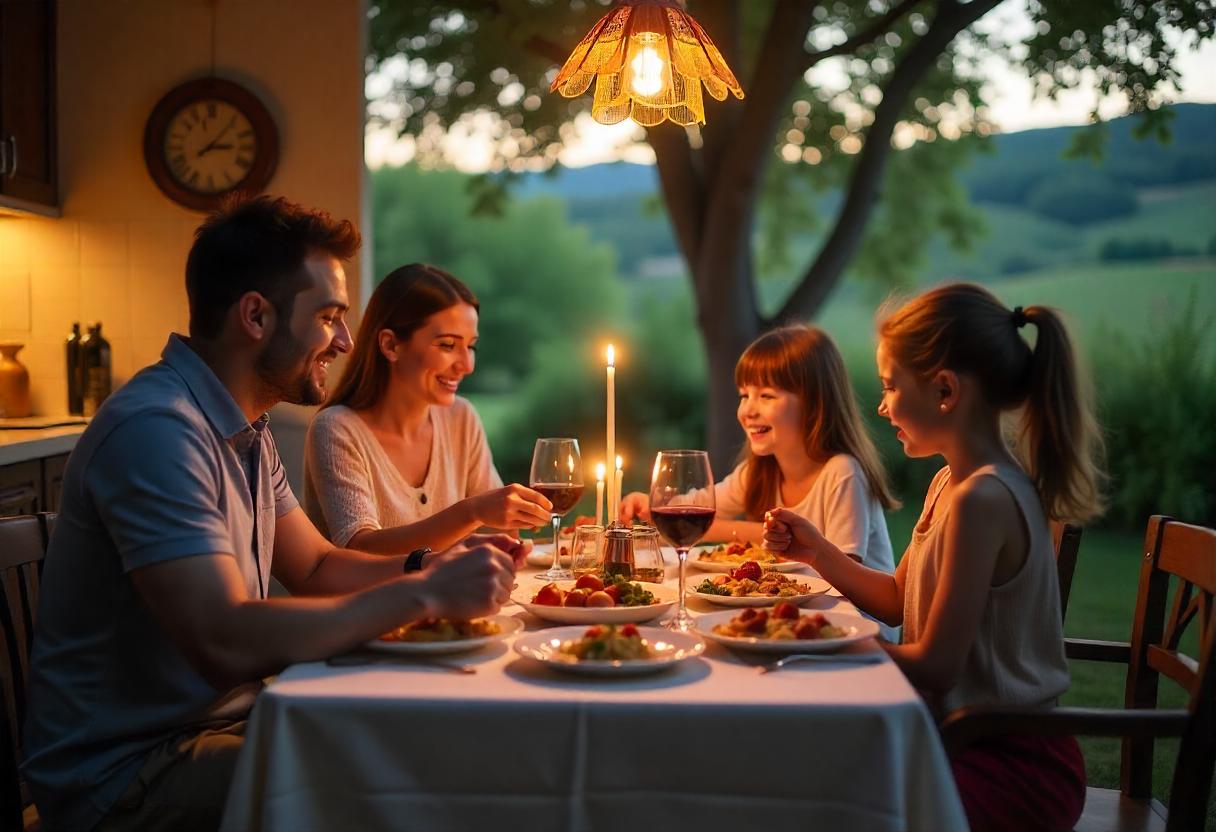 Famiglia in toscana famiglia che degusta il cibo nel villaggio turistico della toscaa